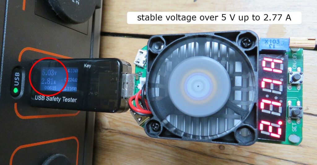Load test on the USB ports: stable voltage over 5 V up to 2.77 amps